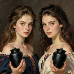 portrait of two beautiful gorgeous captivating finnish norwegian swedish glamour models covered by dress on shoulders with black jars in hands, jodhpurs greg manchess painting by sargent and leyendecker, studio ghibli, close - up shot rim light asymmetrical illustration hearthstone, by greg rutkowski by greg tocchini by craig mullins