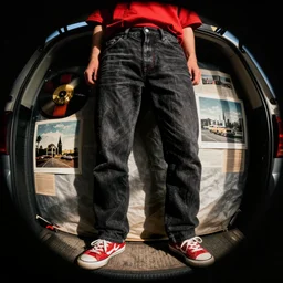 “red hanky hanging out of the back of black jeans, fisheye lens album artwork, vintage photo”