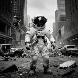 grayscale!!! american white spacesuit astronaut with oversized helmet in postapocalyptic abandoned destroyed times square, wrecked buildings, destroyed flipped wrecked cars, giant crater in distance, heavy vignette!, specks, dirty, stains, dramatic dark, grayscale 1 9 0 0 s picture