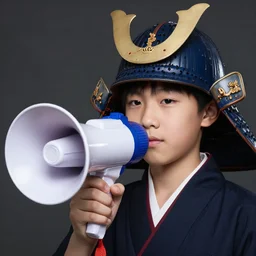 medium close up shot of an asian school boy holding a megaphone in his hand, wearing a samurai headgear cosplay, dark studio background, softlight, photorealistic, art by artgerm and greg rutkowski
