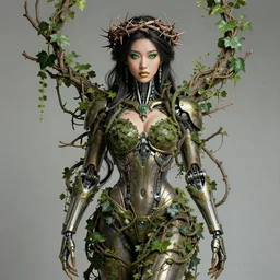 full body portrait of a beautiful oriental cyborg astronaut, green eyes, gold lips, entwined in branches, ivy and vines, thorn crown, highly detailed, sci - fi, intricate, decadent, highly detailed, octane render, concept art, smooth, sharp focus, hyper - realistic