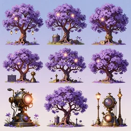 purple flower trees, steampunk!!!! grainy texture, infographic with illustrations, glowing lights, epic fantasy, colorfully, digital art, highly saturated colors, concept art, detailed illustration, hd, 4 k, digital art, greg rutkowski, dan mumford, studio ghibli trending on artstation