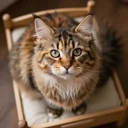 very cute huge giant large calico main coon on tiny bed, stunning eyes, top - down perspective, cinematic lighting, award winning creature photography