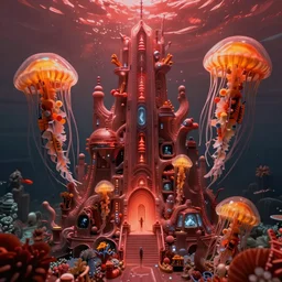 hyperrealistic hyper detailed underwater bio-morphic city of atlantis guarded by giant orange and yellow cyborg jellyfish matte painting concept art maciej kuciara hajime sorayama cinematic soft red lighting low angle hd 8k sharp shallow depth of field