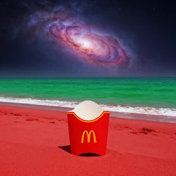 mcdonalds, red sand beach, green ocean, nebula sunset