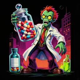 black light poster painting in a vibrant color style of 70's black poster art of an a crazy pharmacist zombie holding a giant jar of pills, epic scale ultrawide angle, 3D  rendered, Vray rendered, octane render, unreal engine
