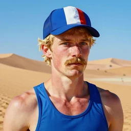 portrait painting of a french blond crossfiter with a mustache and a french flag cap | dune du pyla, cinematic and dramatic, 8 k, crisp lines, sharp edges, vibrant colors by artgerm, cushart krenz, greg rutkowski, mucha and norman rockwell