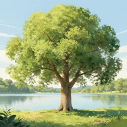 a beatiful tree in a serene landscpa with lake, extremely detailed, sharp focus, wide view, full body shot, smooth, digital illustration, by, james jean, by rossdraws, frank franzzeta, sakimichan, mcbess, aphonse mucha