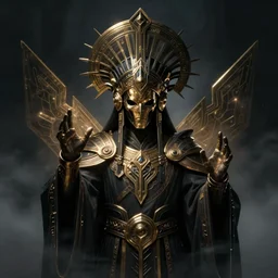 a dark sci fi matte painting portrait of a futuristic shadow priest wearing a massive ornate headdress made of realistic metal and sci fi armor while casting death spells, art deco shapes, cinematic lighting, rim light smooth, dark sci fi, unreal engine, octane render, by blizzard studios, golden rule, subject in center of frame, fog volumes, cgsociety