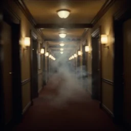 dolly zoom stretch shot of a impossibly long hallway at the overlook hotel from the movie the shining, moody lighting, smoke effects, strobe lights, particle effects, atmospheric, in the style of stanley kubrick - h 6 4 0