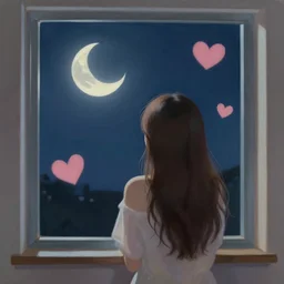 painting of brunette girl from behind as she looks at the window at the night sky, feature the moon and hearts