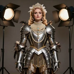 beautifull model, wearing baroque armor, feathers, luxury materials, pearls, symmetrical, cinematic, elegant, professional studio light, real dlsr photography, sharp focus, 4 k, ultra hd, sense of awe, high fashion