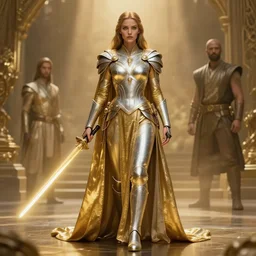 ethereal gold and silver tones, jedi warrior princess, full body, style of moebius, james jean, mcbess, cinematic, highly detailed, award winning, 8 k photorealistic