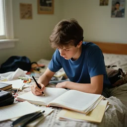 a teenager doing homework in a messy bedroom circa 1 9 9 5