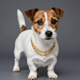 rich jack russell terrier in golden chains and diamonds