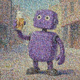 purple robot holding a beer in the streets, azimov, painting