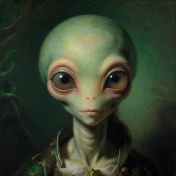 a close - up rococo portrait of an alien creature with big eyes, 1 8 th century painting by jean - honore fragonard. front on view. gloomy green environment, blurry organic dark background. sci - fi renaissance masterpiece