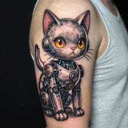 Anime manga robot!! cat tattoo, cyborg cat, exposed wires and gears, fully robotic!! cat, manga!! in the style of Junji Ito and Naoko Takeuchi, cute!! chibi!!! cat, tattoo on upper arm, arm tattoo