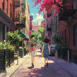a film still of a street scene on a sunny and colourful day in new york. narrow shot, wes anderson, studio ghibli, pixar and disney animation, sharp, rendered in unreal engine 5, anime key art by greg rutkowski, bloom, dramatic lighting