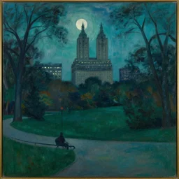 central park at night, henri rousseau painting, moon light, teal palette