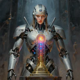 a portrait painting of a ai machine god, hearth of the machine in cyberpunk style, energy core, cybernetic shrine, robot religion, realistic shaded lighting, magali villeneuve, artgerm, rutkowski