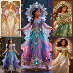 Character concept fashion spot illustrations of Disney's Encanto and Pocahontas crossover, colorful, full-body, bloom, dynamic poses, diaphanous cloth, intricate crystalline and feather jewelry, ornate, filigree, arcane, cinematic lighting, by Artgerm, by Alphonse Mucha, by Bouguereau, by Sakimichan, fantasy, portfolio illustration, highly detailed, trending on Artstation, CGsociety, HQ, 8k, 35mm lens, f2.8, Bokeh,