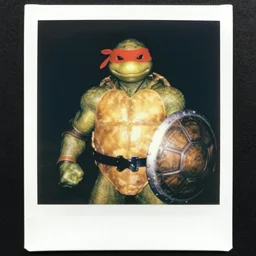 anthropomorphic! a badass turtle fighter with red bandana on his eyes, protectors on elbows and a shield made out of a turtle shell. polaroid, color vintage