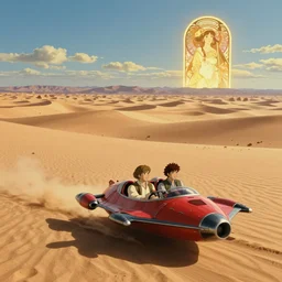beautiful wide shot tatooine landscape, obi wan kenobi and Luke skywalker in land-speeder, Star Wars a new hope 1977, studio ghibli, Miyazaki, Greg rutkowski, Alphonse mucha, Moebius , animation, golden hour, highly detailed, hdr, vivid color, 70mm