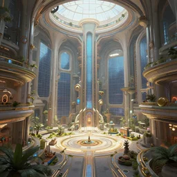 Matte painting of the interior view of giant atrium. Solarpunk. Fantastical, detailed digital art trending in artstation