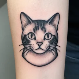 stick and poke tattoo of a cat with 4 eyes, black and white tattoo, linework