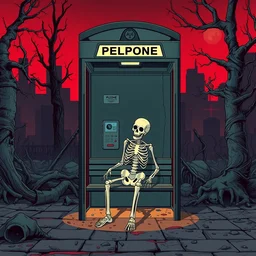 a skeleton sitting on a bench in front of a phone booth, cyberpunk art by tomer hanuka, yukito kishiro, behance contest winner, pop surrealism, 2 d game art, macabre, hellish background