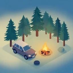 1 9 7 9's car next to campfire and pine trees nostalgic isometric gradient film soft lighting