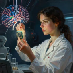 beautiful detailed sci - fi painting of a beautiful female neuroscientist with dark hair trying to understand a microprocessor and neural networks, jean giraud