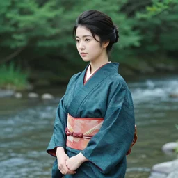 beautiful japanese woman playing a wagakki by a river, nadescio rin, drab blue greens, dark greens, highly detailed, award winning