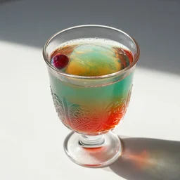 colorful drink in intricately shaped glass, bright sunny day, overhead view.