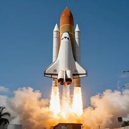 a space shuttle made out of cardboard lifts off, photograph