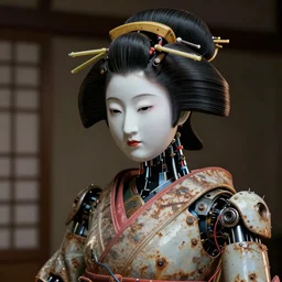 portrait of a slightly rusty, beaten - up japanese robotic geisha with wires and actuators, porcelain white face, dramatic lighting, hyper - realistic, ultra - realistic, intricate details, 8 k ultra high definition, digital art