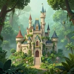 a castle hidden in the jungle, overgrown with trees, misty, whimsical, cute art style, highly detailed, 4 k