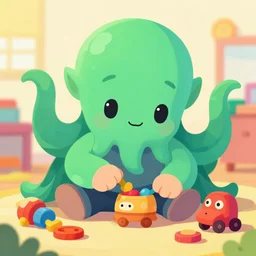 a close up vector illustration of cthulhu as a cute kindergarten kid playing with toys at the creche by artist jess bradley, concept art, cartoon style, gaudy colors, octane render