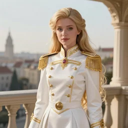 a photo of 8 k ultra realistic humanoid princess with long blonde hair, standing next to a beautiful view, ornate white officers outfit with gold embellishments, cinematic lighting, trending on artstation, 4 k, hyperrealistic, focused, extreme details, unreal engine 5, cinematic, masterpiece