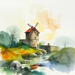 small centered on watercolor paper, paint brush strokes, abstract watercolor painting of ancient mill, cinematic light, national romanticism by hans dahl, by jesper ejsing, by anders zorn, by greg rutkowski, by greg manchess, by tyler edlin