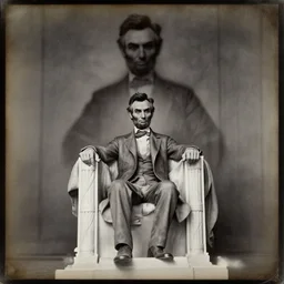 old spirit photography, ghostly specter looms over Abraham Lincoln, daguerreotype