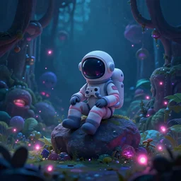 a skeleton astronaut sitting on precious rock, surrounded by bio - luminescent, glowing peaceful serene sentient solarpunk, jungle. in the style of katamari damacy, scattered glowing pink fireflies, magical midnight, soft dreamscape vaporwave liminal aesthetic. 3 d blender by tomer hanuka, greg rutkowski, beeple, sharp focus, digital painting, concept art