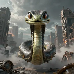 Abstract tech action scene of a flying steampunk snake, ruins, horror, volumetric clouds, focus, detailed, realistic eyes looking at camera, symmetric body features proportions, intricate details, award winning, unreal render, by Tom Bagshaw