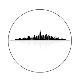 a perfect circle, the outer edge of the circle is the silhouette of a city skyline, black and white, minimalist, in the style of a line drawing