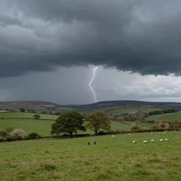artwork of the cinematic view of a landscape of the county of cumberland by rob gonsalves, thundery weather, thunders in sky, couple of groves, sheep pasture, landscape view