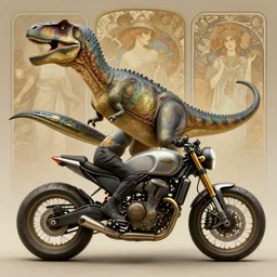a dinosaur riding motorbike, diffuse lighting, fantasy, intricate, elegant, highly detailed, lifelike, photorealistic, digital painting, artstation, illustration, concept art, smooth, sharp focus, art by john collier and albert aublet and krenz cushart and artem demura and alphonse mucha