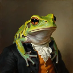 a head and shoulders portrait painting of an anthropomorphic!!!!!!!!!! amazon milk frog!!!!!!!!!! wearing a colonial frock coat looking off camera, a character portrait, neoclassicism, oil on canvas