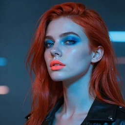 Model-looking woman in color, cyberpunk era 2077, red hair, coral lips blue shadow, Edward Hopper style