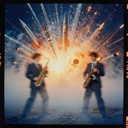 kodak portra 4 0 0, wetplate, muted colours, blueberry orange, jazz combo, christalized, 1 9 1 0 s style, motion blur, portrait photo of a backdrop, explosions, rockets, bombs, sparkling, glitter, snow, fog, by georges melies and by britt marling